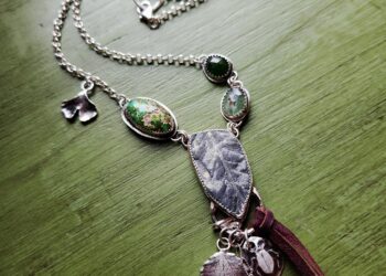 Sterling silver, gemstone, and fern fossil necklace